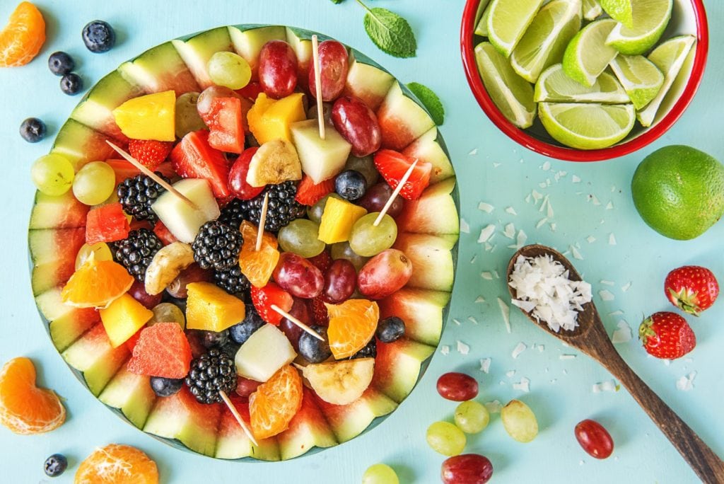 fruit salad served in a watermelon