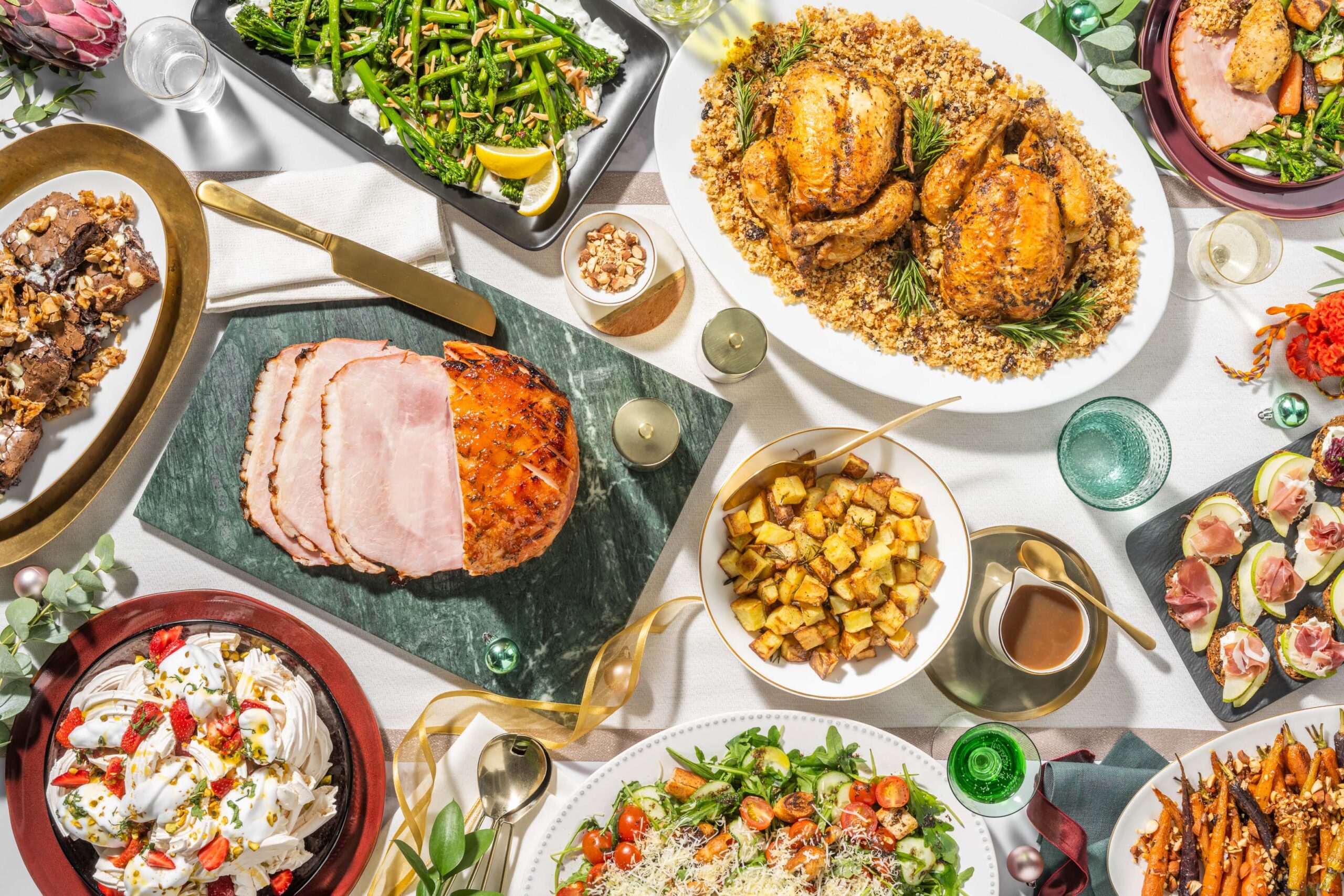 A delicious Christmas feast made with the HelloFresh Christmas Box. Featuring chickens, ham, veggies and desserts. You'll get all your ingredients pre-portioned to help with reducing food waste.