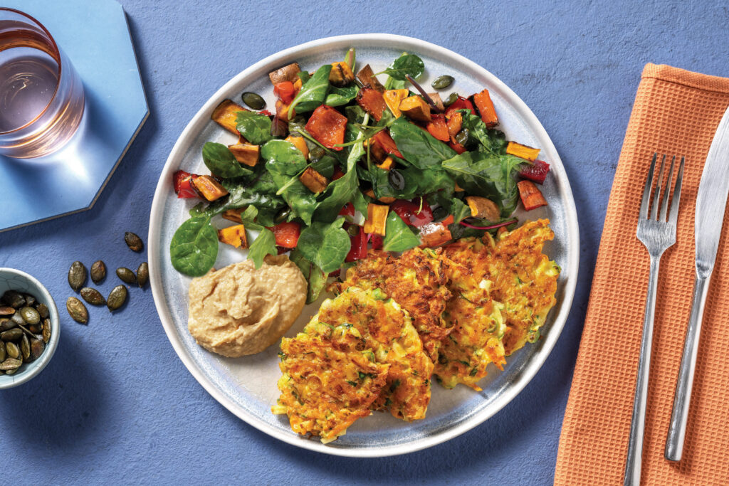 Zucchini, Carrot & Cheddar Fritters with Roast Veggie Salad & Babaganoush